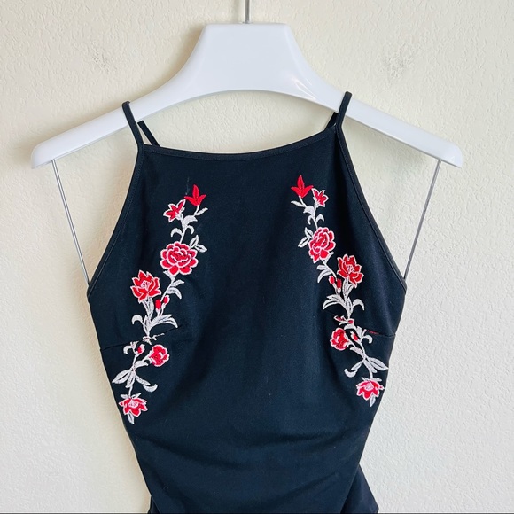 Forever 21 Black Embroidered Red Roses Criss Cross Back Bodysuit - Picture 5 of 12